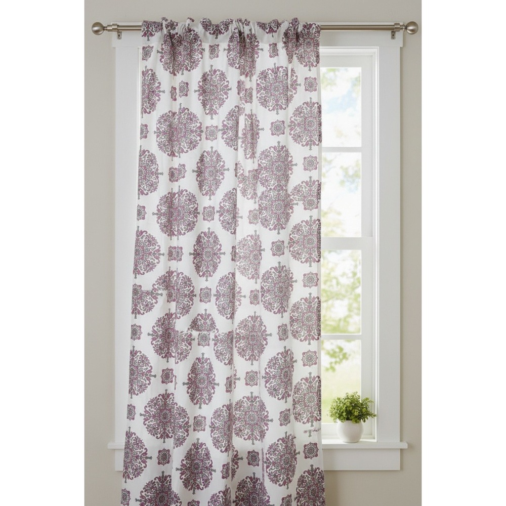Eclipse Olivia Purple Medallion Rod Pocket Curtain Panel 37 x 95 White Grey